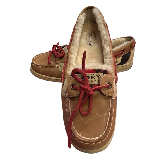 Sperry Top Sider Leather With Lambswool Shoes Womens Size 6M Brown Red Plaid - Picture 4 of 12